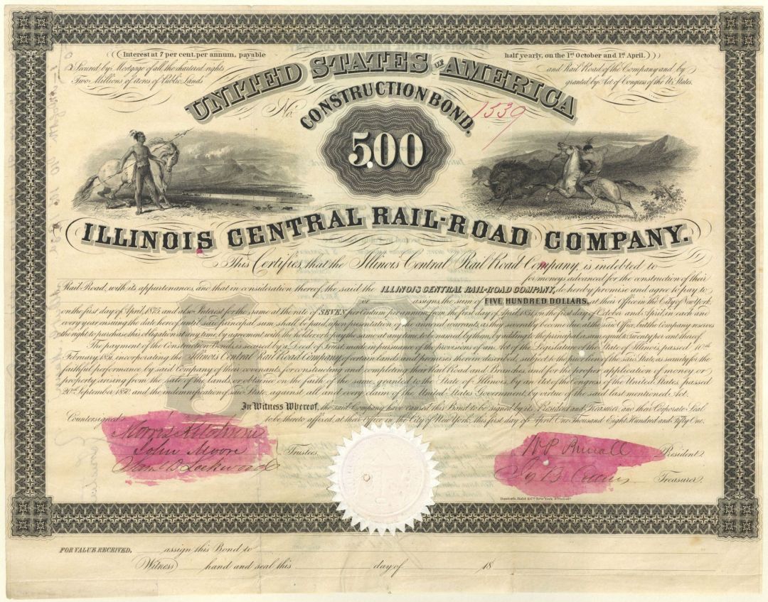 Illinois Central Railroad Co.  - 1851 dated $500 Railway Bond - Beautiful Graphics