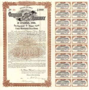 Ottumwa Electric Railway of Ottumwa, Iowa (Uncanceled) - 1892 Dated $1,000 Bond