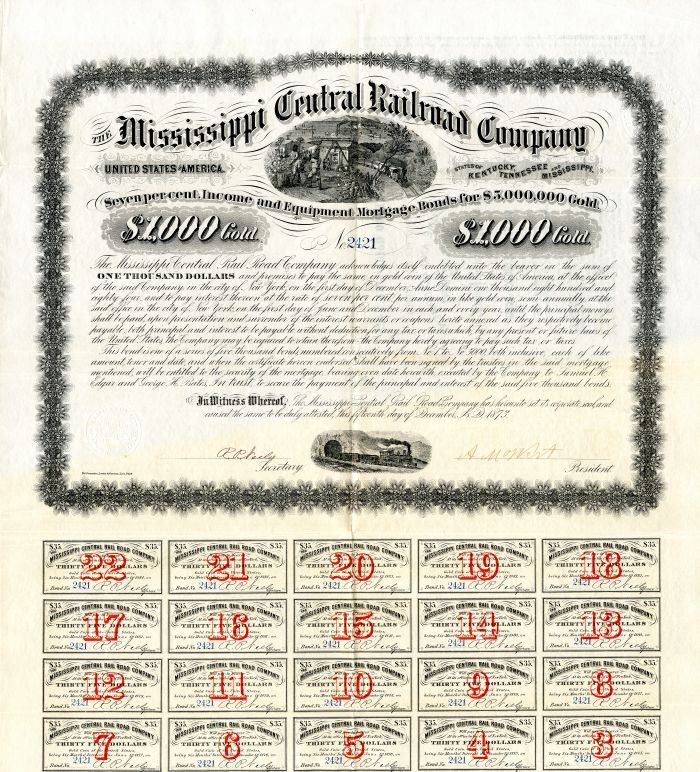 Mississippi Central Railroad Co. - $1,000 Bond (Uncanceled)