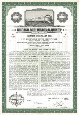 Chicago, Burlington and Quincy Railroad - 1960's dated $1,000 Bond - Available in Green, Red or Aqua - Please Specify Color