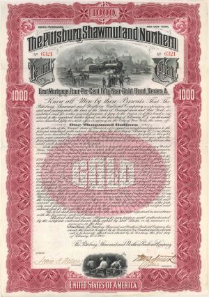 Pittsburg, Shawmut and Northern Railroad Co. - 1902 dated $1,000 Bond