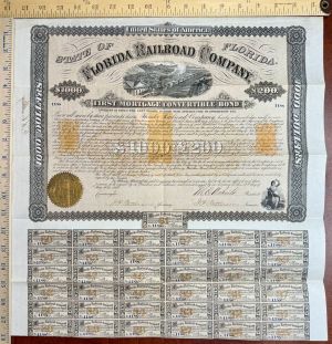 Florida Railroad Co. - 1869 dated 7% $1,000 Railway Gold Bond - Gorgeous and Extremely Rare