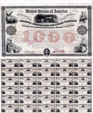 Virginia and Tennessee Railroad Co. - $1,000 1853 dated Bond