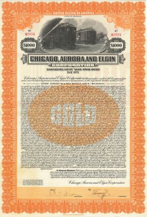 Chicago, Aurora and Elgin Railroad Corporation $1000 Bond 