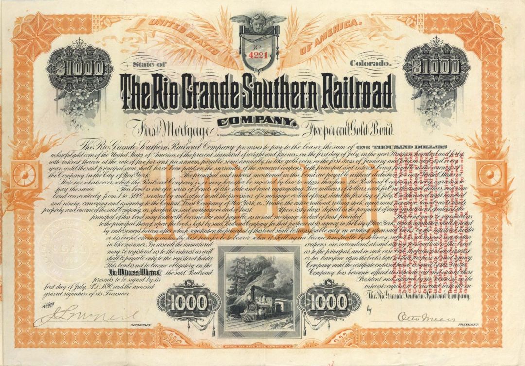 Rio Grande Southern Railroad Co. - $1000 Bond