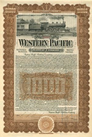 Western Pacific Railway Co. - $1,000 Bond (Uncanceled)