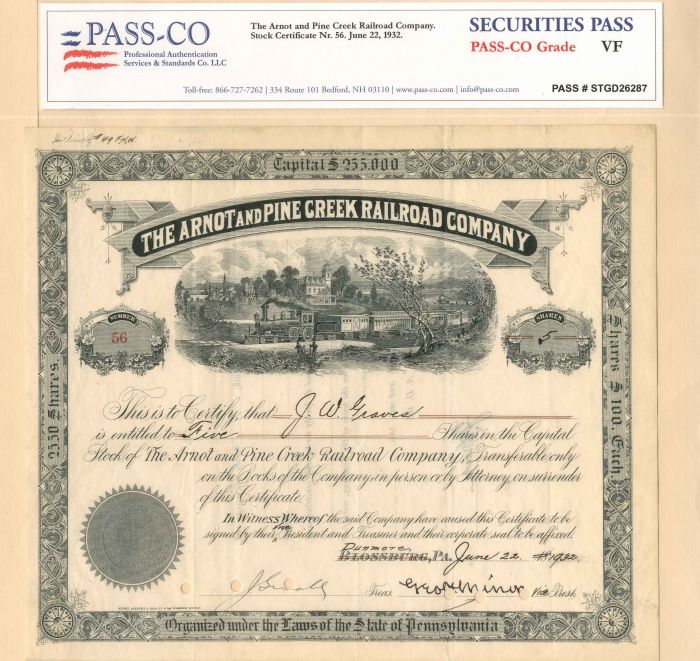 Arnot and Pine Creek Railroad Co.                            - Stock Certificate