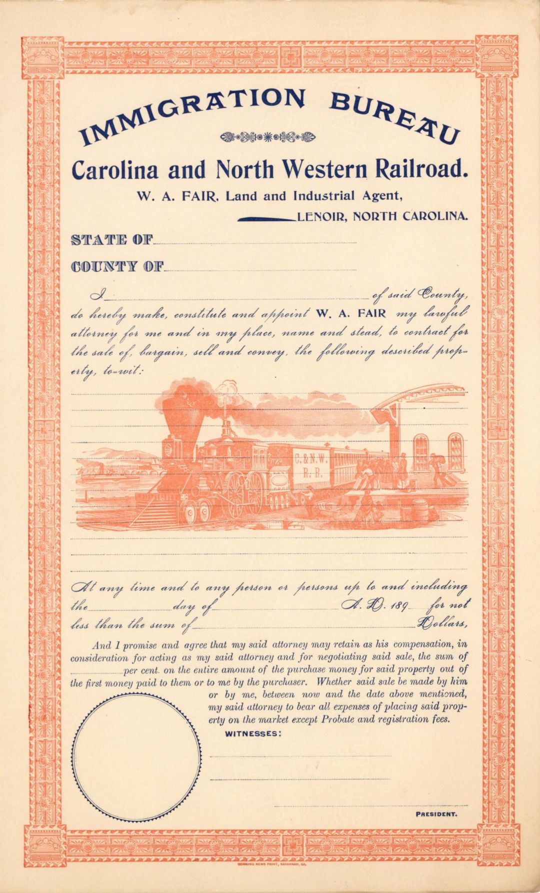 Unissued Carolina and North Western Railroad - (Immigration Bureau) - Railroad Bonds