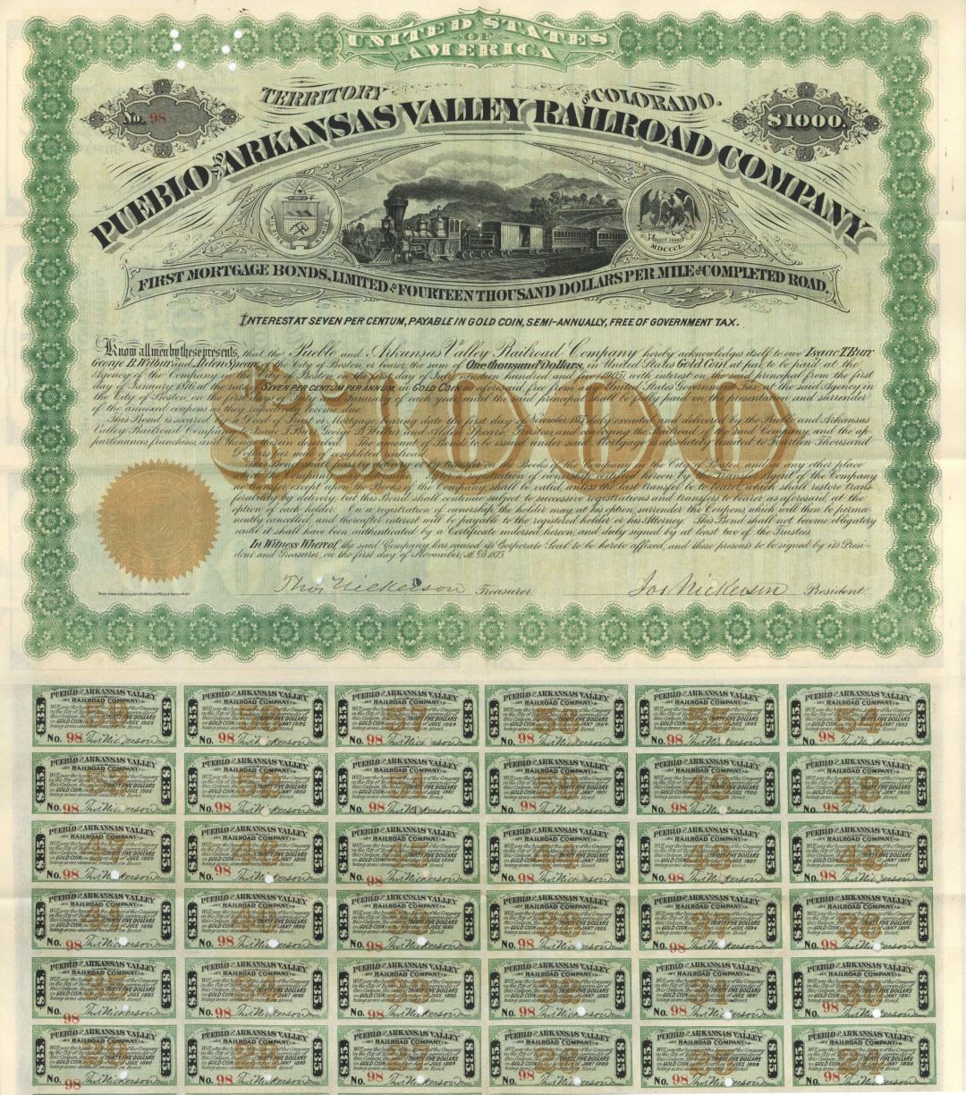 Pueblo and Arkansas Valley Railroad Co. - $1,000 - Bond