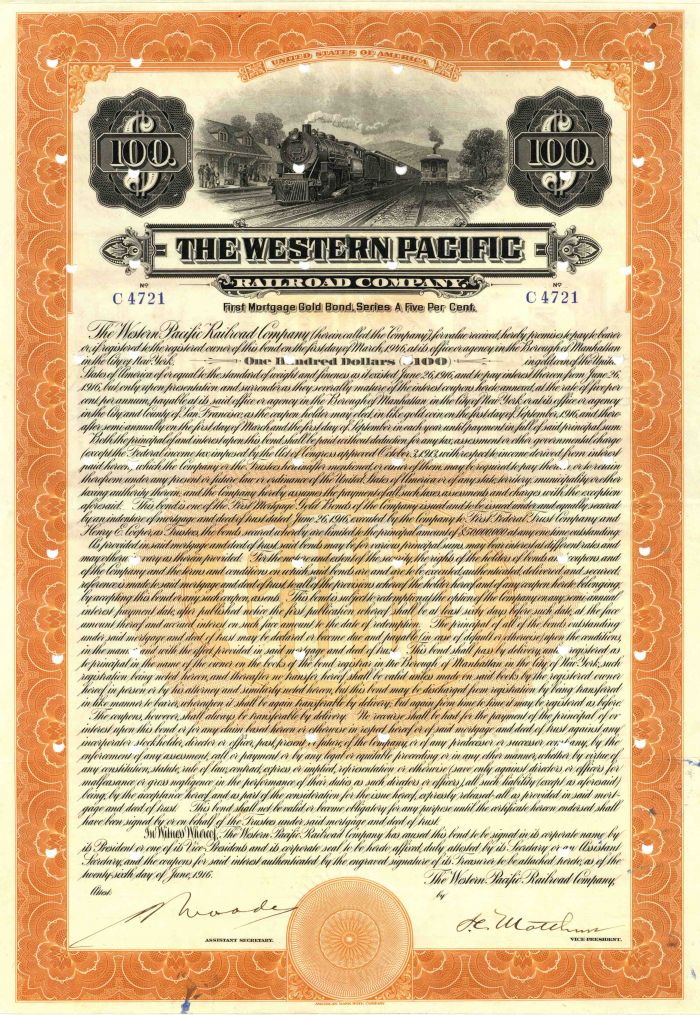 Western Pacific Railroad Co. - $100 Railway Gold Bond - Very Rare Type