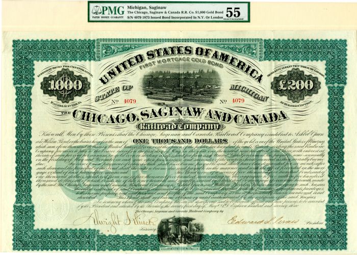 Chicago, Saginaw and Canada Railroad Co. - 1873 dated $1,000 Railway Bond