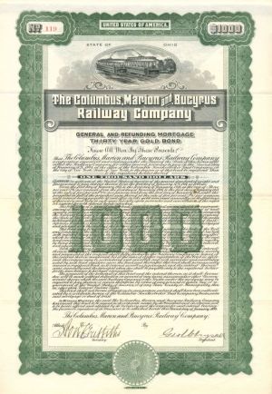 Columbus, Marion and Bucyrus Railway Co. - 1914 dated $1,000 Railroad Gold Bond