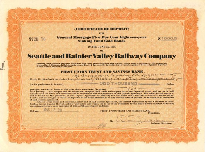 Seattle and Rainier Valley Railway Co. - $1,000 - Bond