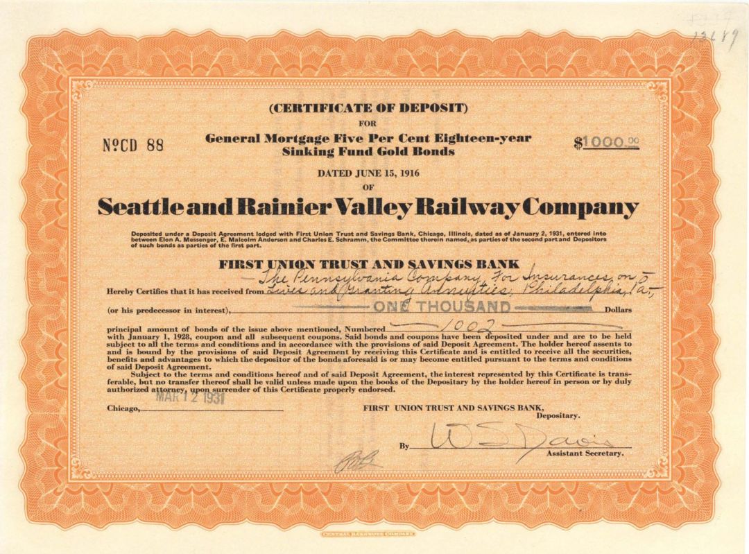 Seattle and Rainier Valley Railway Co. - $1,000 1931 dated Bond