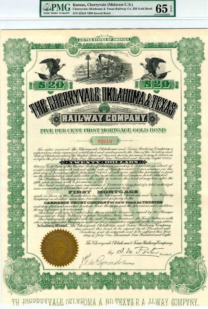 Cherryvale Oklahoma and Texas Railway Co. - $20 - Bond