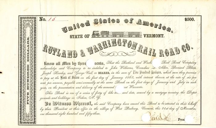 Rutland and Washington Rail Road Co. - $500 - Bond