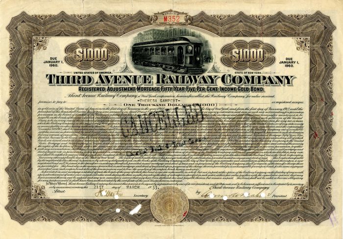 Third Avenue Railway Co. - New York City - 1933 dated $1,000 Railroad Bond