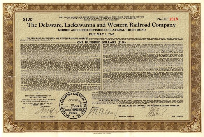 Delaware, Lackawanna and Western Railroad Co. - $100 Bond (Uncanceled)