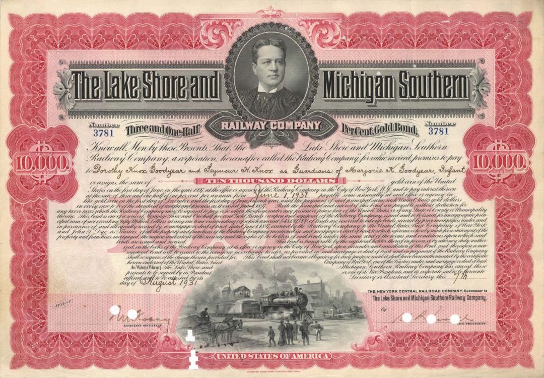 Lake Shore and Michigan Southern Railway Co. - 1930's-1940's dated $10,000 Bond