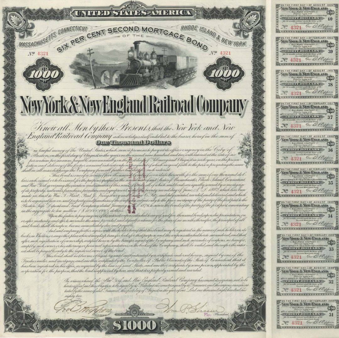 New York and New England Railroad Co. - $1,000 1882 dated Bond