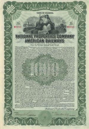 National Properties Co. American Railways - 1916 dated $1,000 Railroad Gold Bond