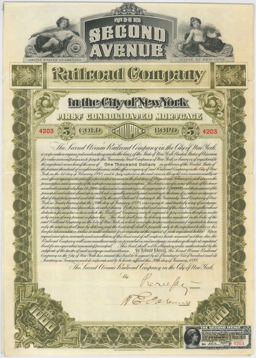 Second Avenue Railroad Co. - $1,000 Bond