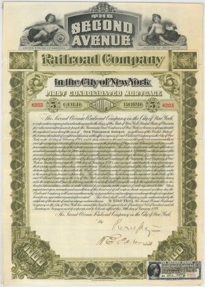 Second Avenue Railroad Co. - $1,000 Bond