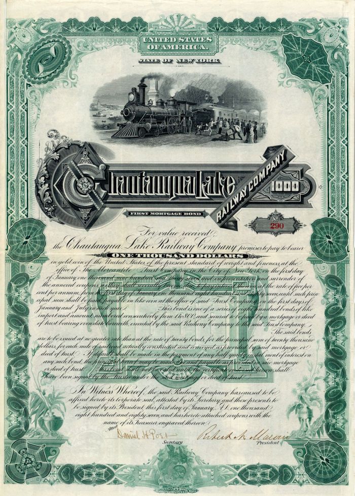 Chautauqua Lake Railway Co. - $1,000 Bond