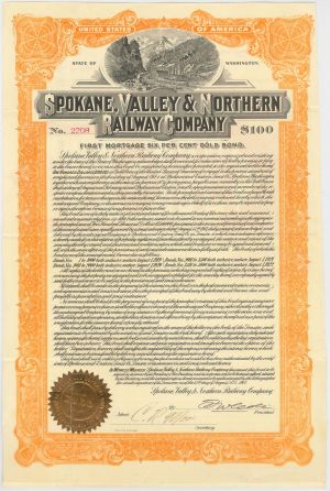 Spokane, Valley and Northern Railway Co. - 1917 dated $100 Railroad Gold Bond