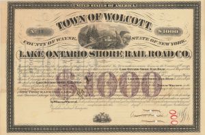 Lake Ontario Shore Rail Road Co. - $1,000 Railway Bond - Town of Wolcott - Numerous Coupons Still Attached