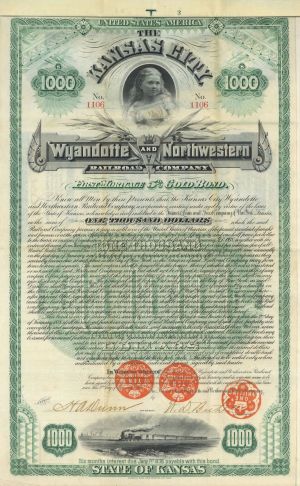 Kansas City, Wyandotte and Northwestern Railroad Co. - 1888 dated $1,000 Railway Gold Bond