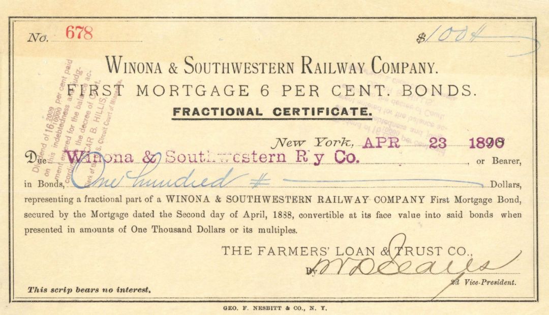 Winona and Southwestern Railway Co. - dated 1890 $100 Railroad Fractional Certificate