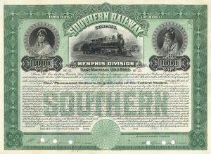 Southern Railway Co. - 1902 dated $1,000 Railroad Gold Bond - Memphis Division