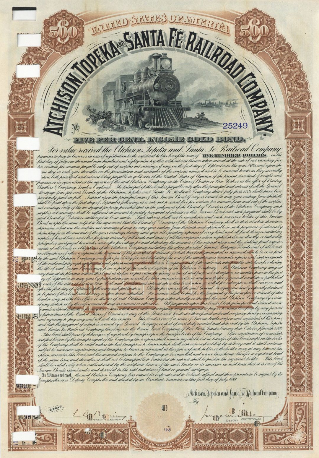 Atchison, Topeka and Santa Fe Railroad Co. - 1889 dated $500 Railway Bond - Extremely Rare