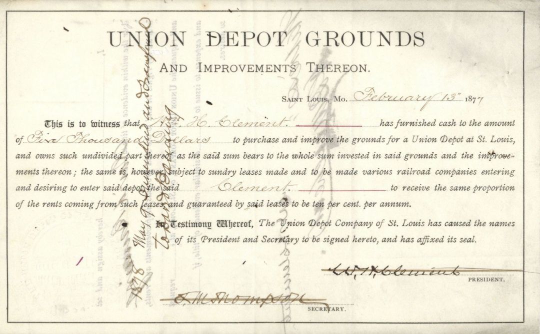 Union Depot Grounds -  1877 $5,000 Bond