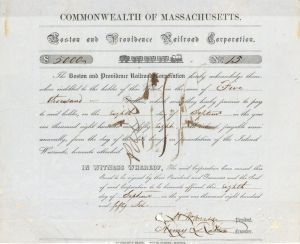 Boston and Providence Railroad Corp. - 1856 $5,000 Railroad Bond