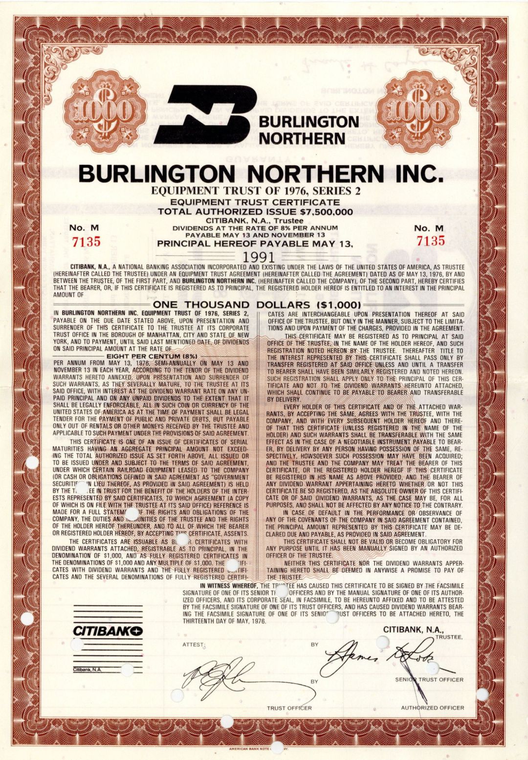 Burlington Northern Inc. - 1976 $1,000 Railroad Bond