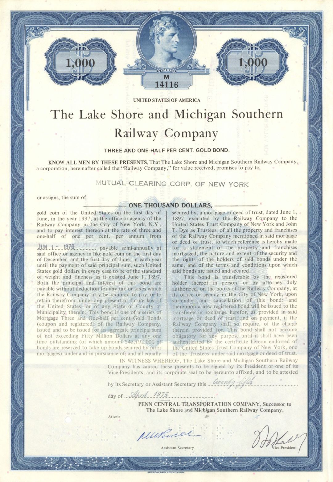 Lake Shore and Michigan Southern Railway Co. - 1975 or 1976 $1,000 Railroad Bond