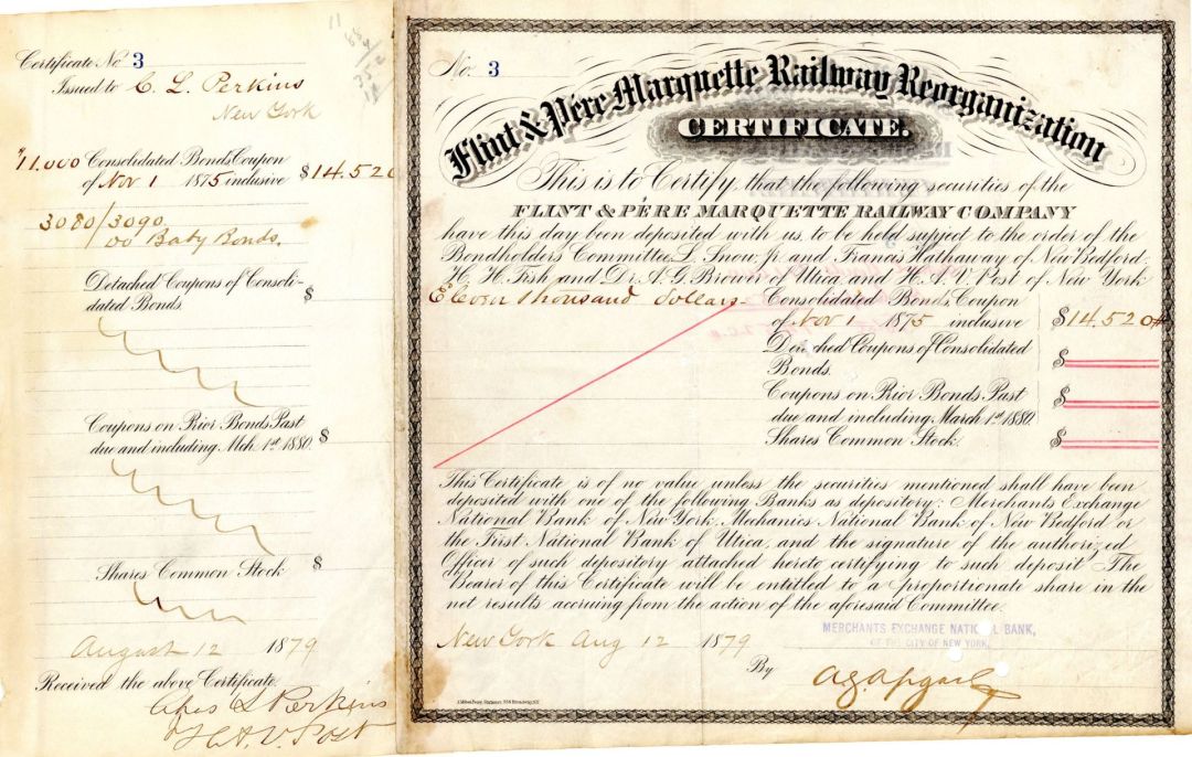 Flint and Pere Marquette Railway Reorganization 1879 dated - Various Denominations Bond