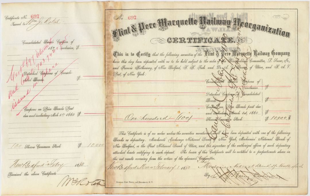 Flint and Pere Marquette Railway Reorganization - 1880 dated Michigan Railroad Bond - Various Denominations