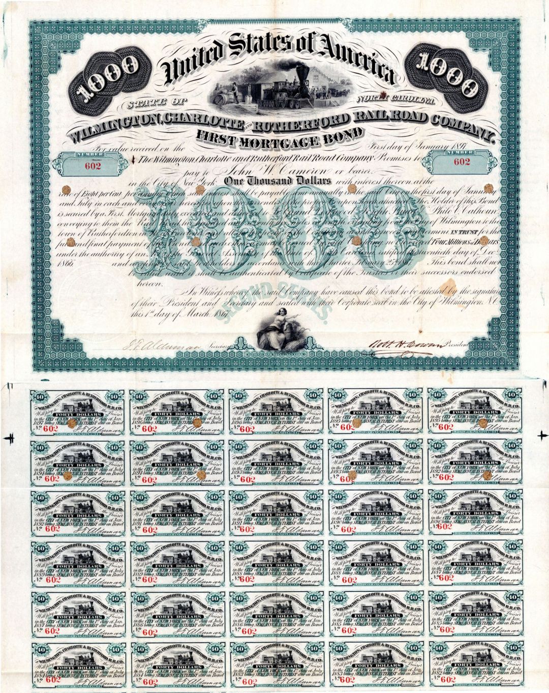 Wilmington, Charlotte and Rutherford Railroad Co. - 1867 dated $1,000 Bond