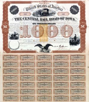 Central Rail Road of Iowa -  $1,000 1871 dated Railroad Bond