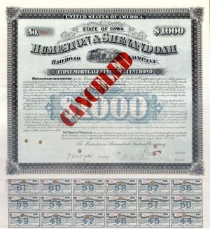 Humeston and Shenandoah Railroad Co. -  $1,000 1881 dated Railroad Bond