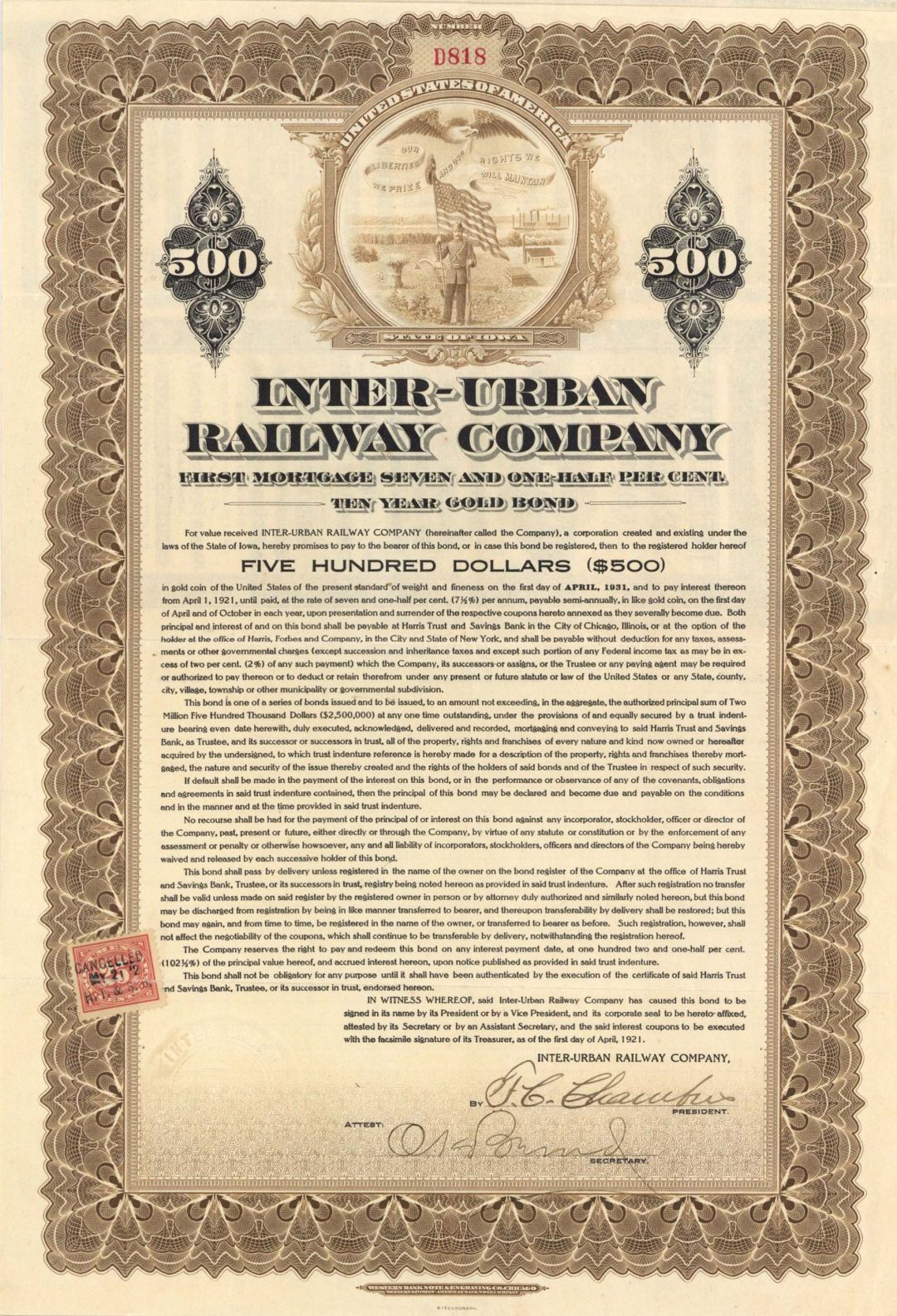 Inter-Urban Railway Co. -  $500 1921 dated Railroad Bond