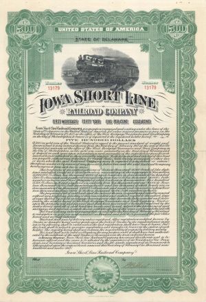 Iowa Short Line Railroad Co. - 1912 dated $500 Railway Gold Bond