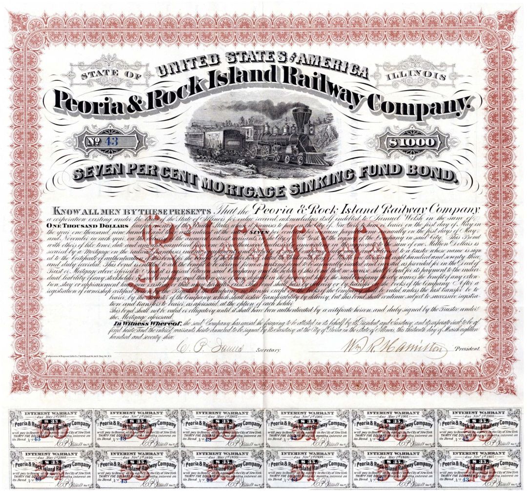 Peoria and Rock Island Railway Co. -  $1,000 1873 dated Railroad Bond