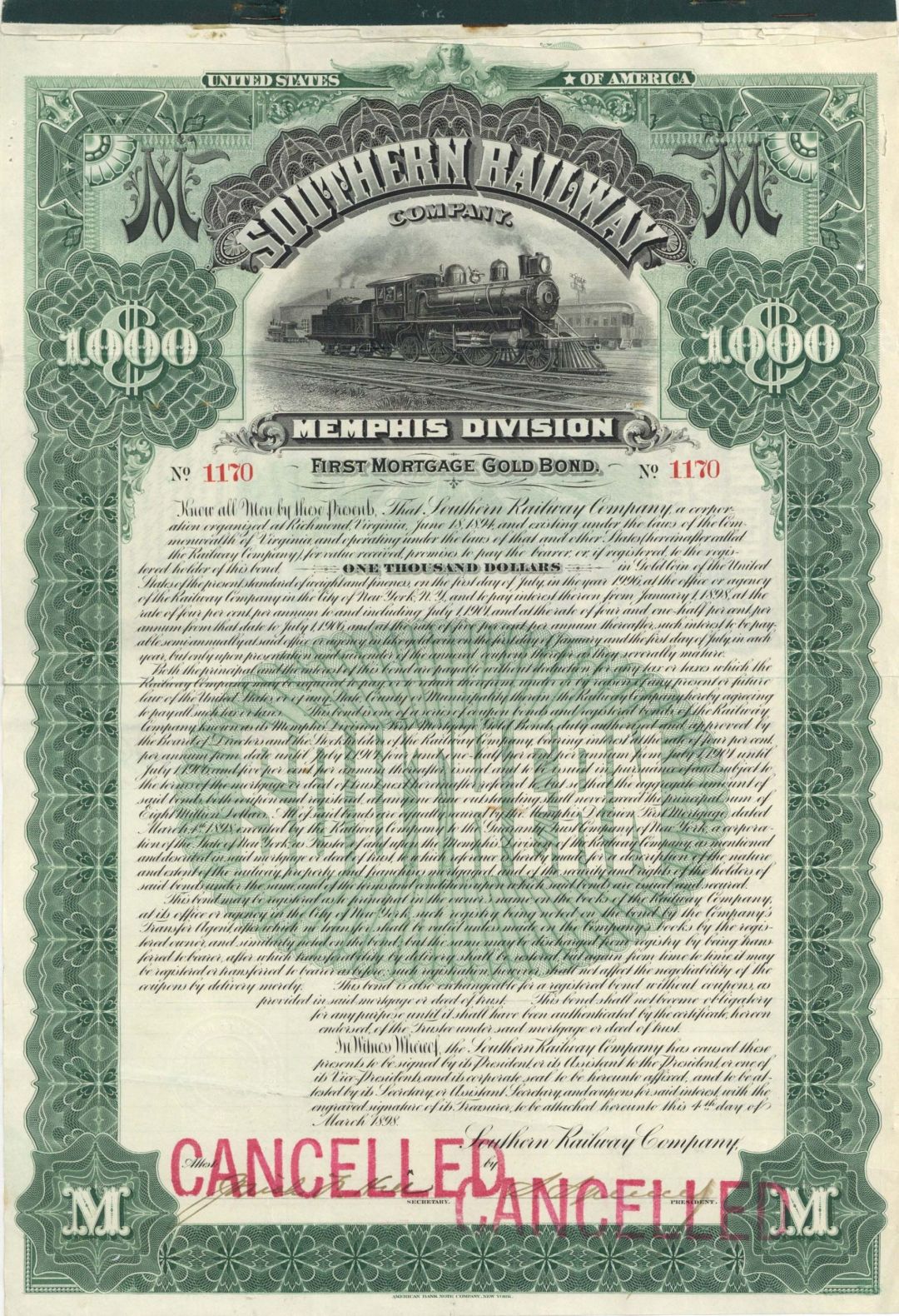 Southern Railway Co. - $1,000 1898 dated Railroad Bond - Memphis Division