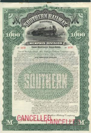 Southern Railway Co. - $1,000 1898 dated Railroad Bond - Memphis Division