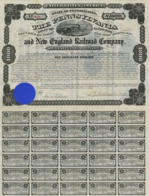 Pennyslvania and New England Railroad Co. -  Uncancelled 1880 dated $1,000 Bond