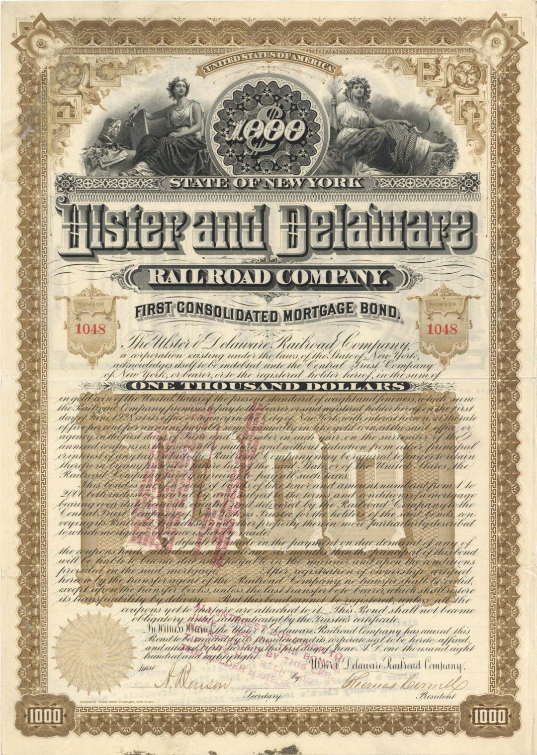 Ulster and Delaware Railroad Co. - 1888 dated $1,000 Bond